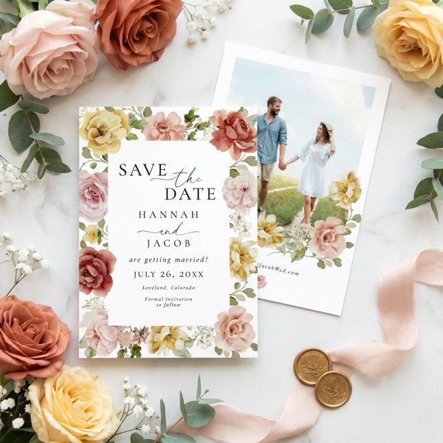 Save The Date Elegant Floral Blush Pink and Yellow Photo Wedding (Créateur téléchargé)