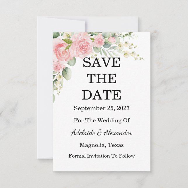 Save The Date Elegant Floral Botanical Rose Pink Wedding (Devant)