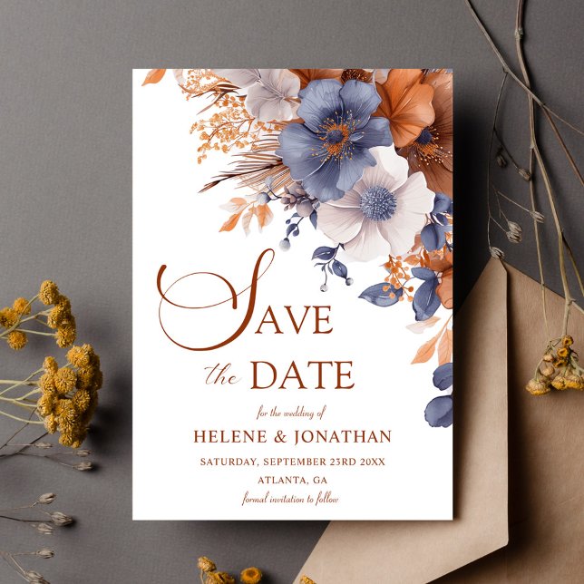 Save The Date Élégant Floral Dusty Blue Terracotta Mariage (Elegant Floral Dusty Blue Terracotta Wedding Save The Date)