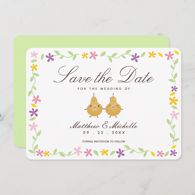 Save The Date Élégant floral et parfait poire Couple mignonne Ma (Devant / Derrière)