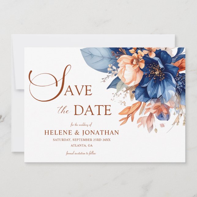 Save The Date Elegant Floral Garden Terracotta Navy Blue Wedding (Devant)