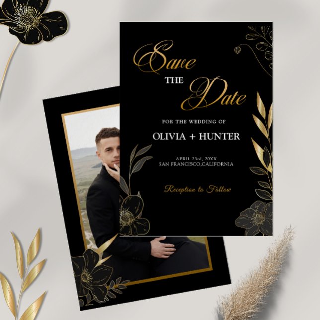 Save The Date Élégant floral moderne noir et or (Elegant Black and Gold Floral Save The Date)
