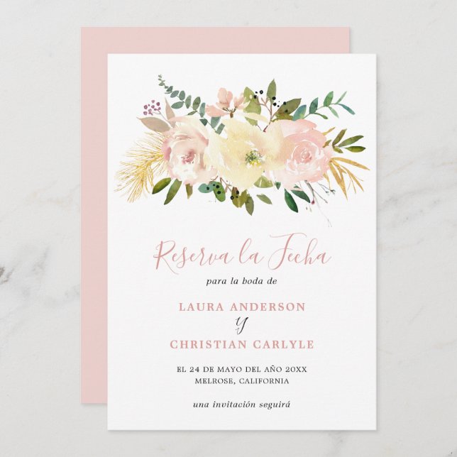 Save The Date Élégant Floral Or Blush Mariage rose espagnol (Devant / Derrière)