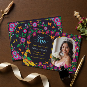 Save The Date Elégant Floral Peacock Folk Art Fiesta Quinceanera