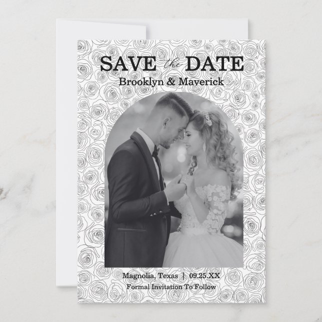 Save The Date Elegant Floral Rose Black White Wedding (Devant)