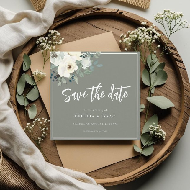 Save The Date Élégant floral vert olive  (Créateur téléchargé)