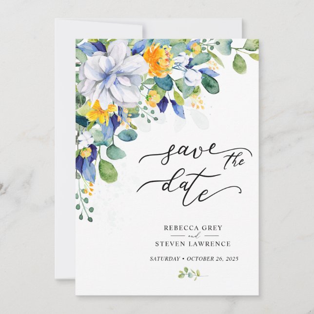 Save The Date Elegant floral yellow blue wedding photo (Devant)