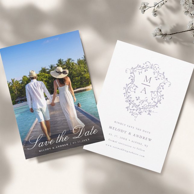Save The Date Elegant French Lavender Floral Crest Wedding Photo (Front & Back)