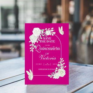 Save The Date Elégant Fuchsia Roses Blanches Papillon Quinceañer