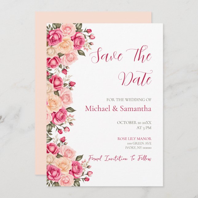 Save The Date Élégant Fucia Rose rose et ivoire Mariage (Devant / Derrière)