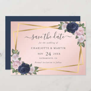 Save The Date Elégant Geo Navy Blue Blush Gold Botanical Mariage