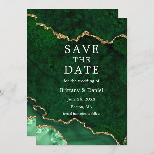Save The Date Élégant géode d'agate de marbre vert aquarelle dor (Devant / Derrière)