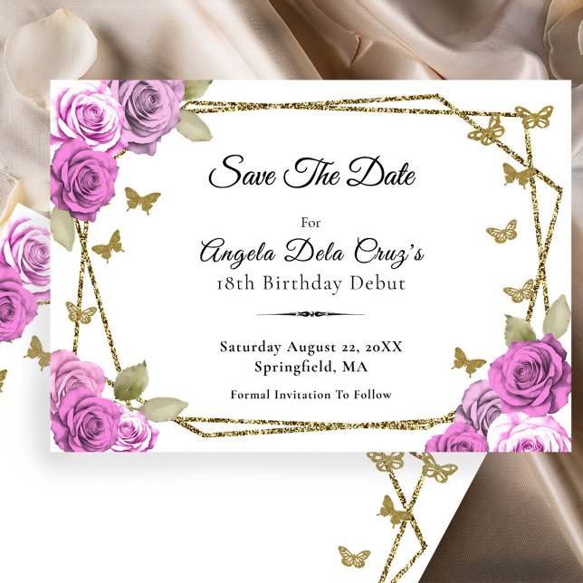 Save The Date Elegant Gold and Pink Roses 18th Birthday Debut (Créateur téléchargé)