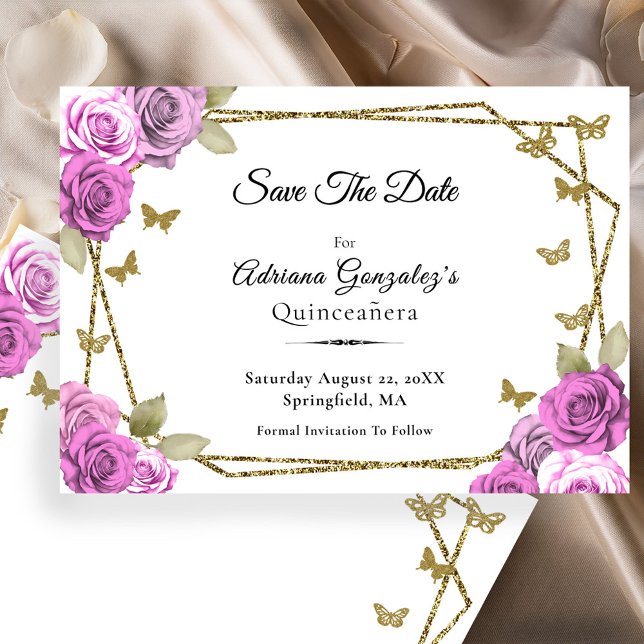 Save The Date Elegant Gold and Pink Roses Quinceanera (Créateur téléchargé)