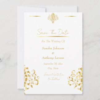 Save The Date Elegant Gold and White Damask