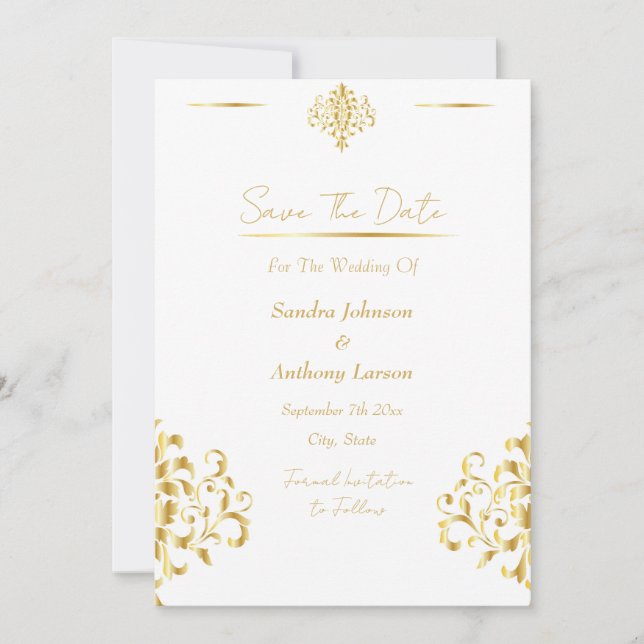Save The Date Elegant Gold and White Damask (Devant)