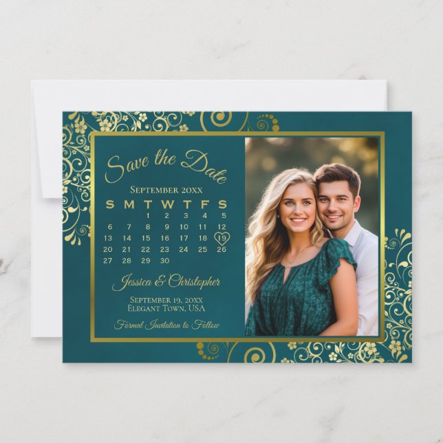 Save The Date Elegant Gold Curls Teal Calendar & Photo Wedding (Devant)
