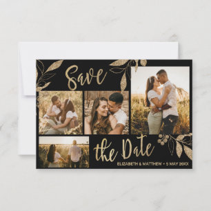 Save The Date Elégant Gold et Black Botanical Photo Collage Enre