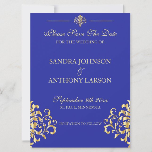 Save The Date Elegant Gold et Blue Damask Enregistrer la date (Devant)
