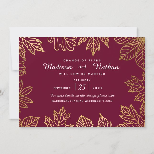 Save The Date Elégant Gold Foil Feuilles d'automne Changer la da (Devant)