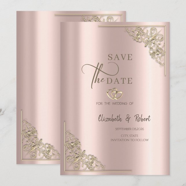 Save The Date Elegant Gold Hearts Rose Gold Wedding (Devant / Derrière)