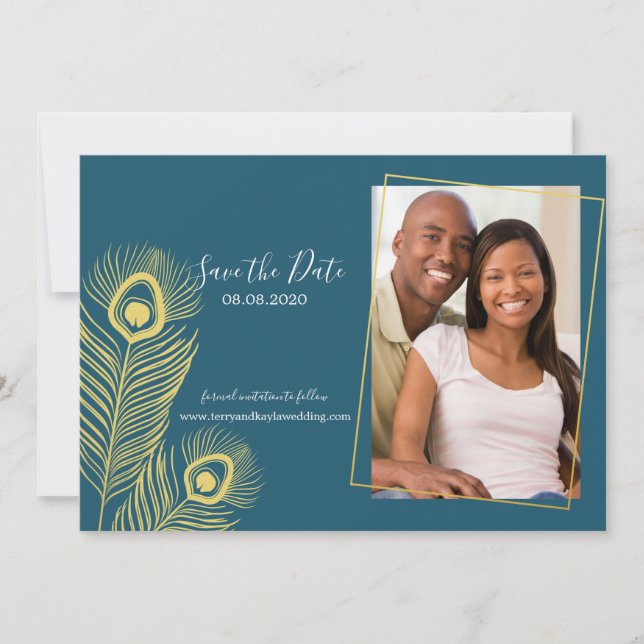Save The Date Elegant Gold Peacock Enregistrer le Mariage de dat (Devant)