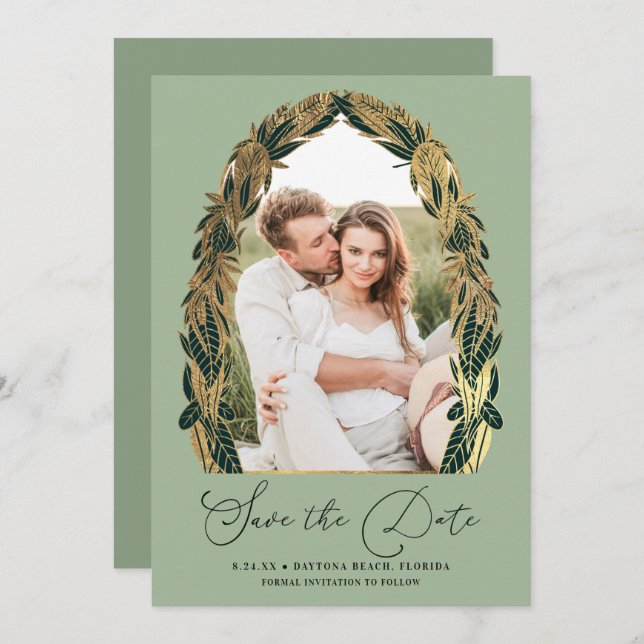 Save The Date Elégant Gold Sage Vert verdure Feuille Mariage (Devant / Derrière)
