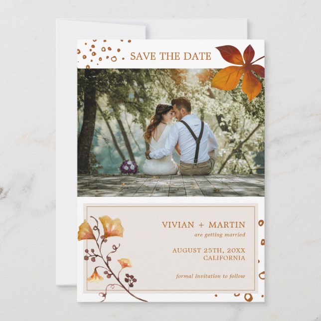 Save The Date Elégant Golden Autumn Leaf Mariage photo (Devant)