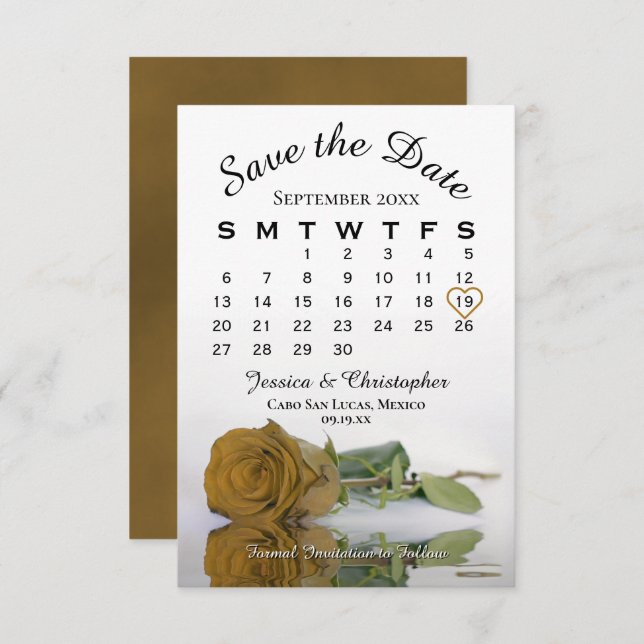 Save The Date Élégant Golden Ochre Rose Calendrier Mariage (Devant / Derrière)