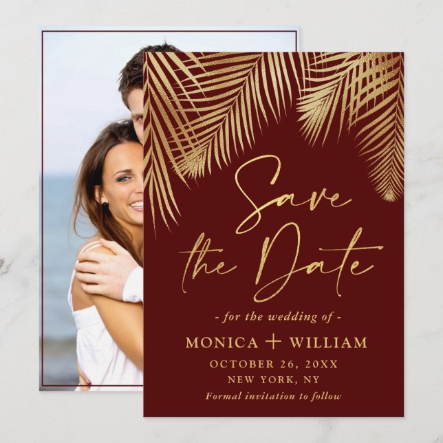 Save The Date Elégant Golden Palm Branch Mariage Photo (Devant / Derrière)