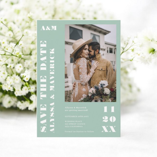 Save The Date Élégant Gras simple sauge vert 2 photos mariage (Elegant Bold simple sage green 2 photos wedding Save The Date)