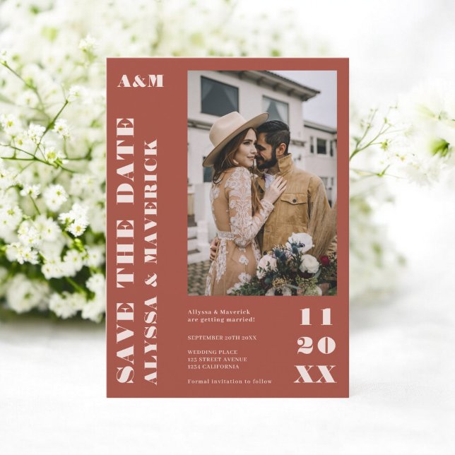 Save The Date Élégant Gras simple terre cuite 2 photos mariage (Elegant Bold simple terracotta 2 photos wedding Save The Date)