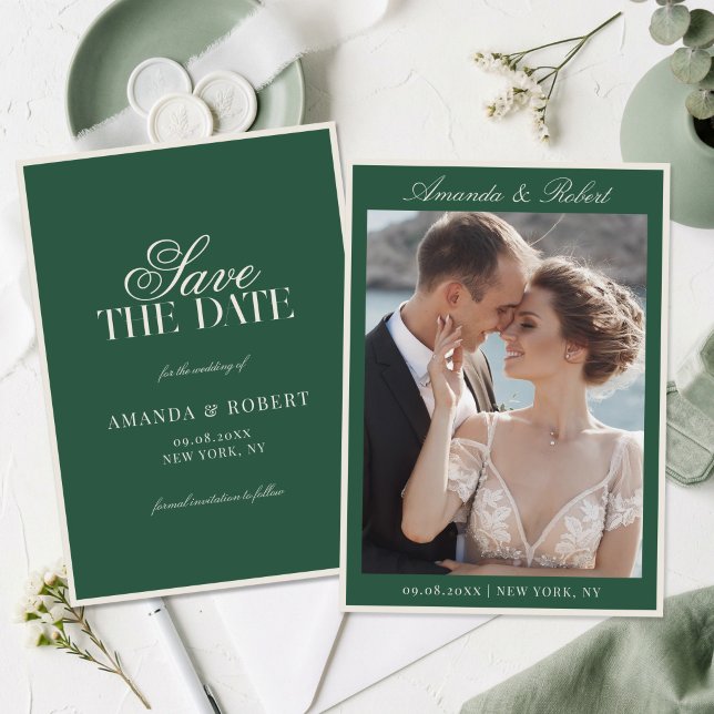 Save The Date Elegant Green Old Money Photo Wedding (Créateur téléchargé)