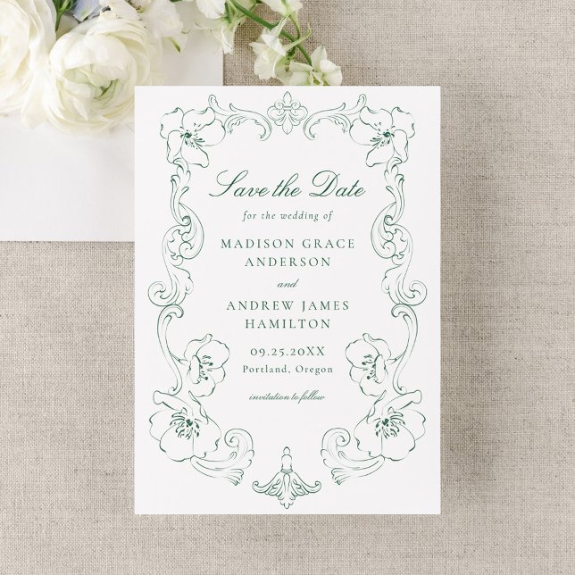 Save The Date Elegant Green Ornate Floral Frame Wedding (Créateur téléchargé)
