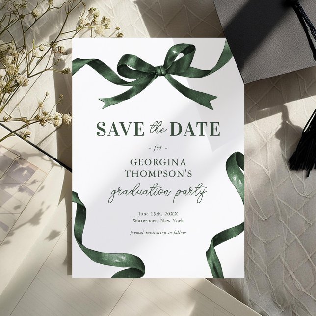Save The Date Elegant Green Watercolor Bow Graduation (Créateur téléchargé)