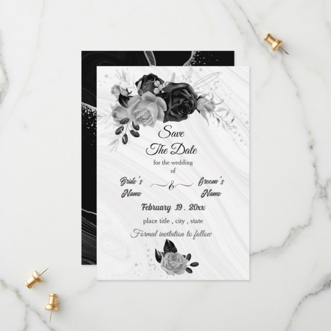 Save The Date élégant gris argenté et noir floral (Devant/Arrière en situation)
