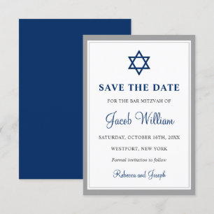 Save The Date Elégant gris et bleu marine Barre Mitzvah 3,5 po x