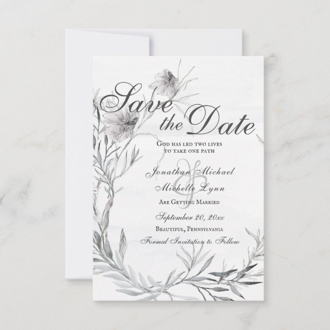Save The Date Elégant Gris Floral Aquarelle Mariage chrétien (Devant)