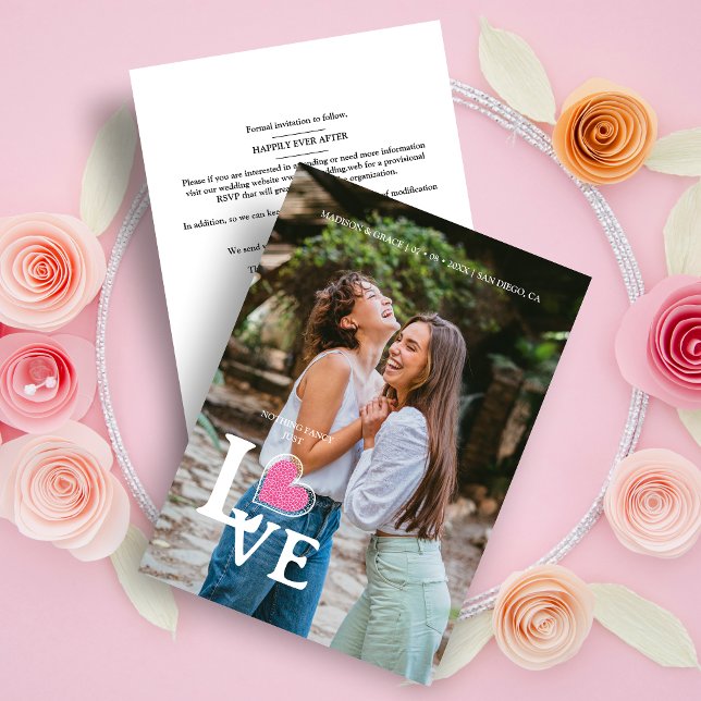 Save The Date Elegant Hot Pink Heart Photo Fancy Love Wedding (Minimalist Elegant Photo Trendy Fake Lace Hot Pink Heart Love Quote Wedding Save the Date Card.)