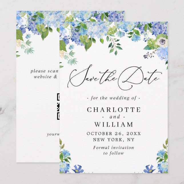 Save The Date Élégant Hydrangea Bleu Verdure Mariage QR (Devant / Derrière)