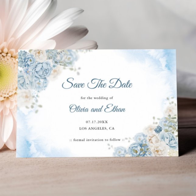 Save The Date Elégant Ice Bleu Rose Fleurs Mariage (Créateur téléchargé)