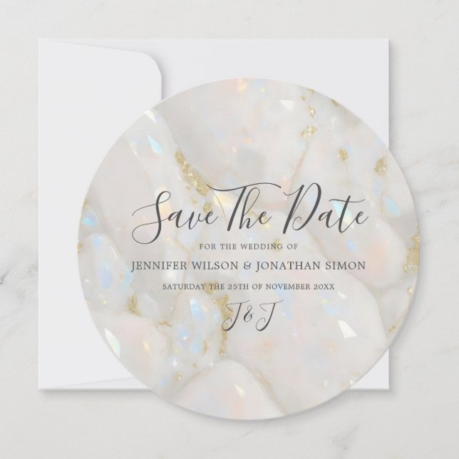 Save The Date Élégant Iridescente Opal Gemstone Marbre Moderne (Devant)