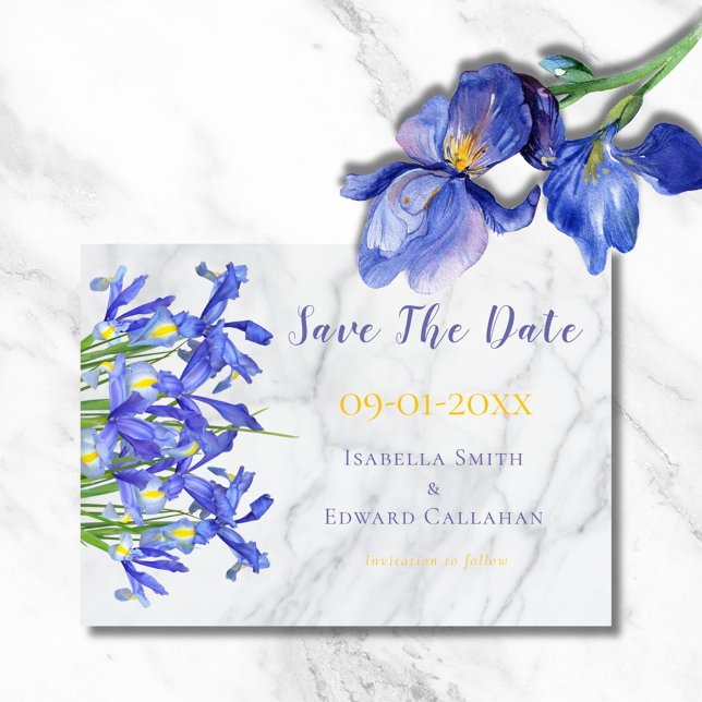 Save The Date Élégant Iris Bleu Floral Aquarelle Marbre (Créateur téléchargé)