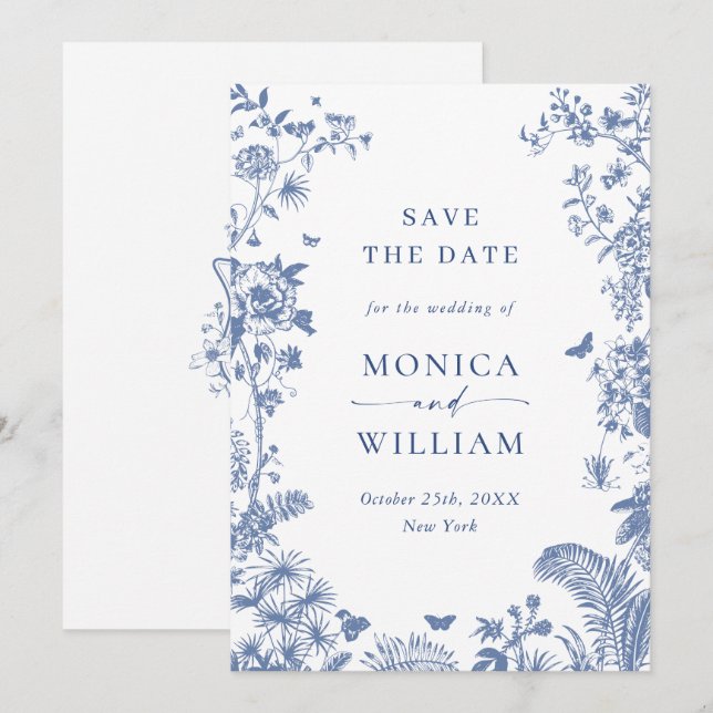 Save The Date Élégant Jardin Floral Bleu Français Mariage (Devant / Derrière)