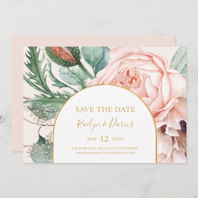 Save The Date Elégant Jardin Floral Blush | Pastel Horizontal (Devant / Derrière)