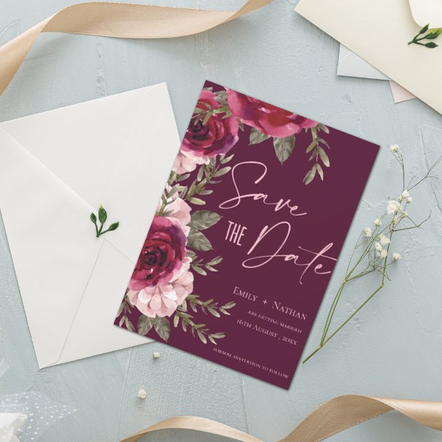 Save The Date Élégant Joli Burgundy Pêcher Mariage Floral Économ (Créateur téléchargé)