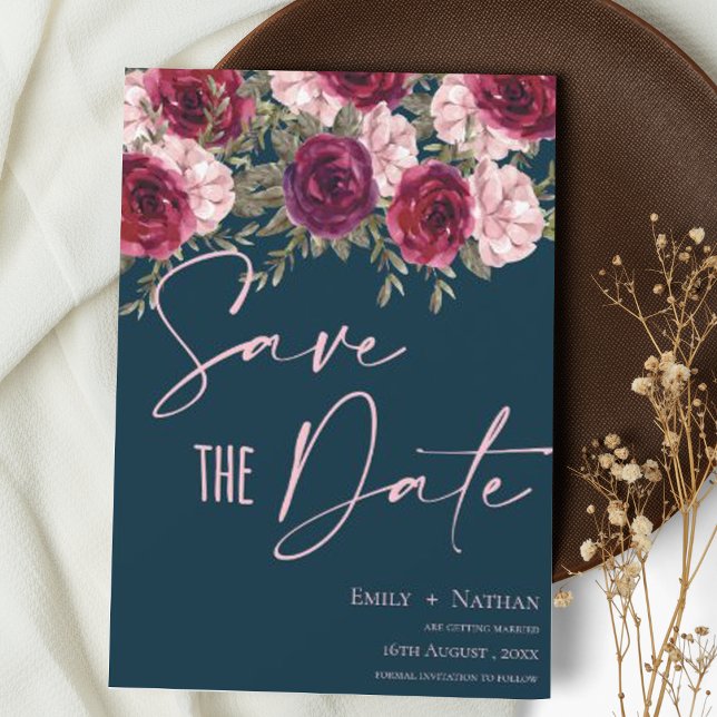 Save The Date Élégant Joli Mariage bleu floral de Pêche Burgundy (Créateur téléchargé)