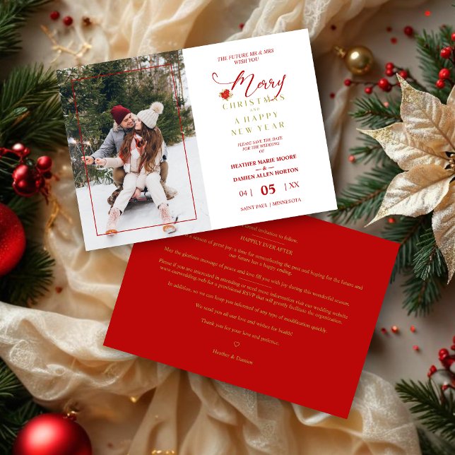 Save The Date Élégant Joyeux Noël Poinsettias Wreath Photo (Merry Christmas Poinsettias Wreath Photo Wedding MR & MRS Couple Save the Date with Envelope.)