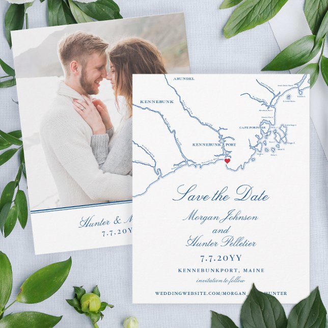 Save The Date Élégant Kennebunkport Maine Mariage (These Kennebunkport Map Save the Dates are perfect for your navy blue Maine destination wedding)