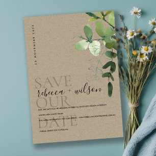 SAVE THE DATE ELÉGANT KRAFT VERT EUCALYPTUS FOLIOR D'EAU